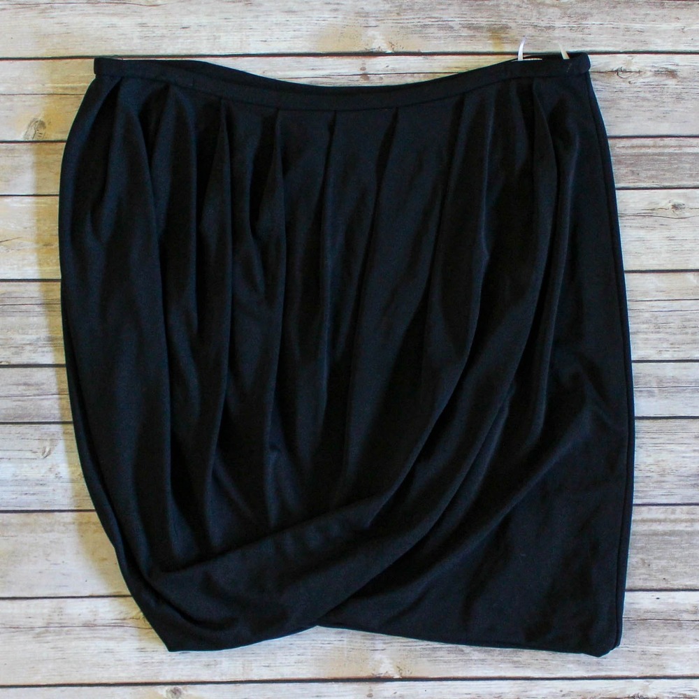 Josie Natori Skirt Large Black Knit Jersey Pull On Elastic Waist Drape Pleated
